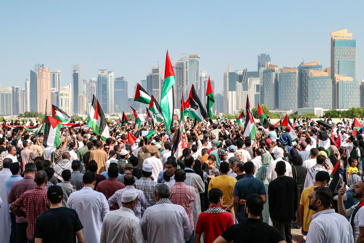 People of different nationalities gathered after Friday prayers at Imam Muhammad bin AbdulWahhab Mosque in Doha, Qatar to rally in solidarity with Palestinians in Gaza, and against Israel's relentless attacks on the besieged enclave.