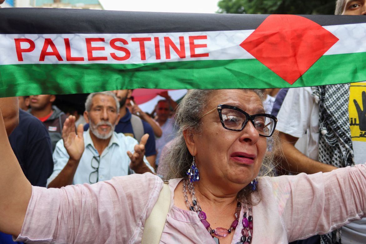 Tunisians gather during a pro-Palestinian demonstration to express solidarity with Palestinians in Gaza, in Tunis, Tunisia.