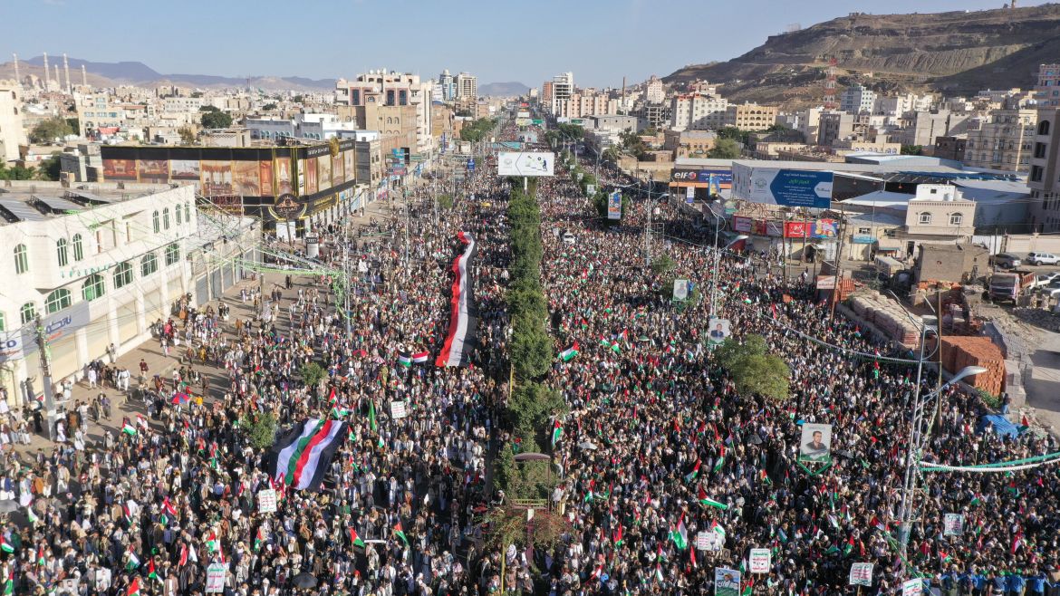 Yemenis gather during a pro-Palestinian rally to express solidarity with Palestinians in Gaza, in Sanaa, Yemen.